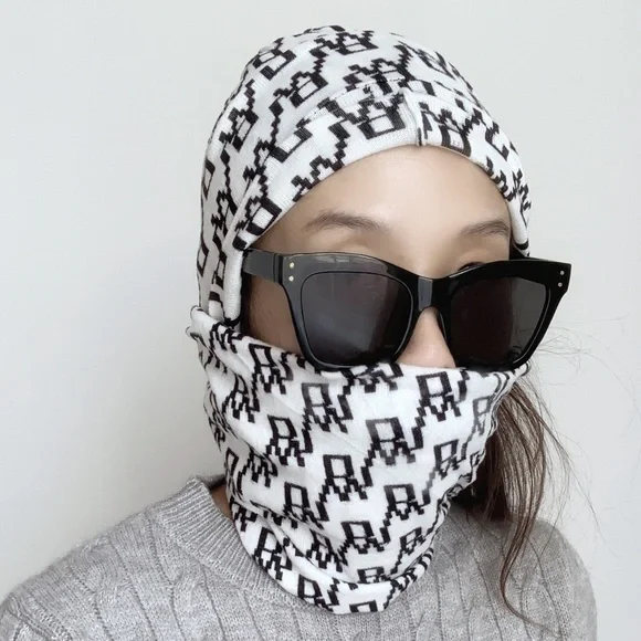 SOFT MONOGRAM KNIT BEANIE AND INFINITY NECK WARMER - WHITE BLACK PRINT 2 PIECE - Picture 6 of 8